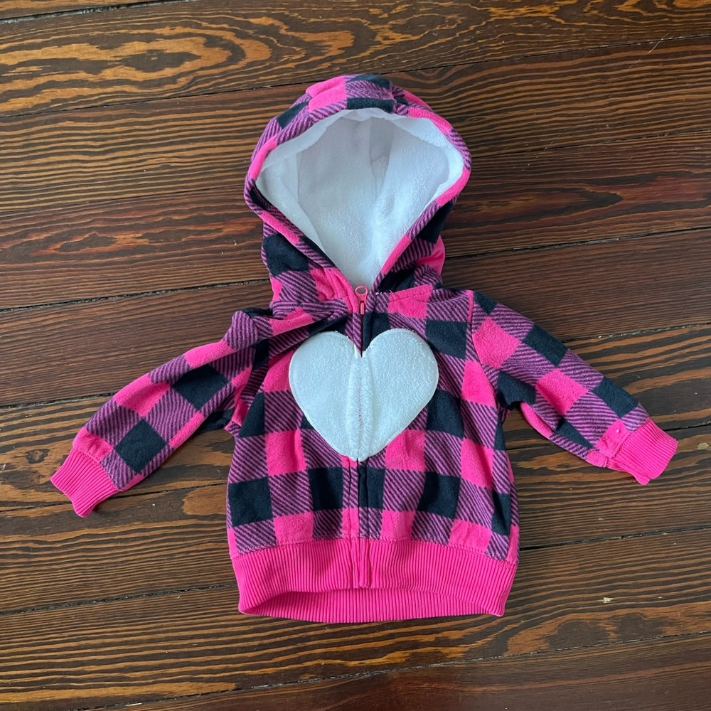 Pink buffalo check w/heart on chest fleece jacket